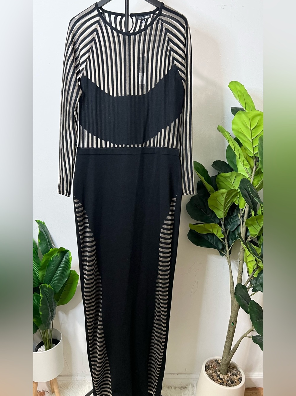 Fashion Nova NWT Black Sheer Striped Maxi Dress 1X Holiday NYE Party
